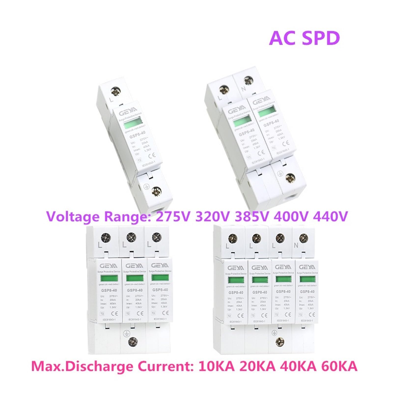 GSP8 SPD 1P 2P 3P 4P Überspannungsschutz 220V Schiene AC275V AC385V 400V 440V 40KA SPD Haushalt Überspannungsschutz Sonderangebot (Color : 400V 40KA, Size : 2P)
