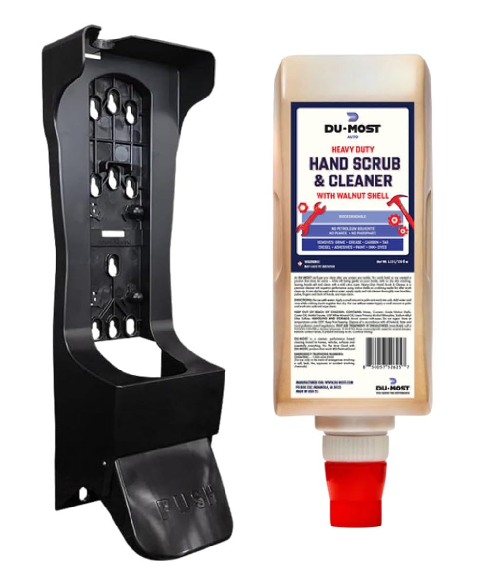 DU-MOST Industrial Hand Cleaner with Walnut Shell Scrub, Bundle with Wall-Mount Push Dispenser, Highly Concentrated Hand Soap for Mechanics, Workshops, Grease, Oil, Ink and Paint Removal, 3.55L Refill