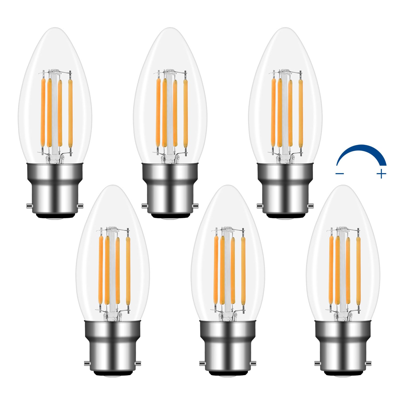 Akynite B22 Large Bayonet LED Candle Bulbs 4W Dimmable Warm White 2700K, 400LM, Equivalent B22 40W, AC 220V, C35 BC Bayonet Cap Candle Light Bulb for Chandelier, 6pcs