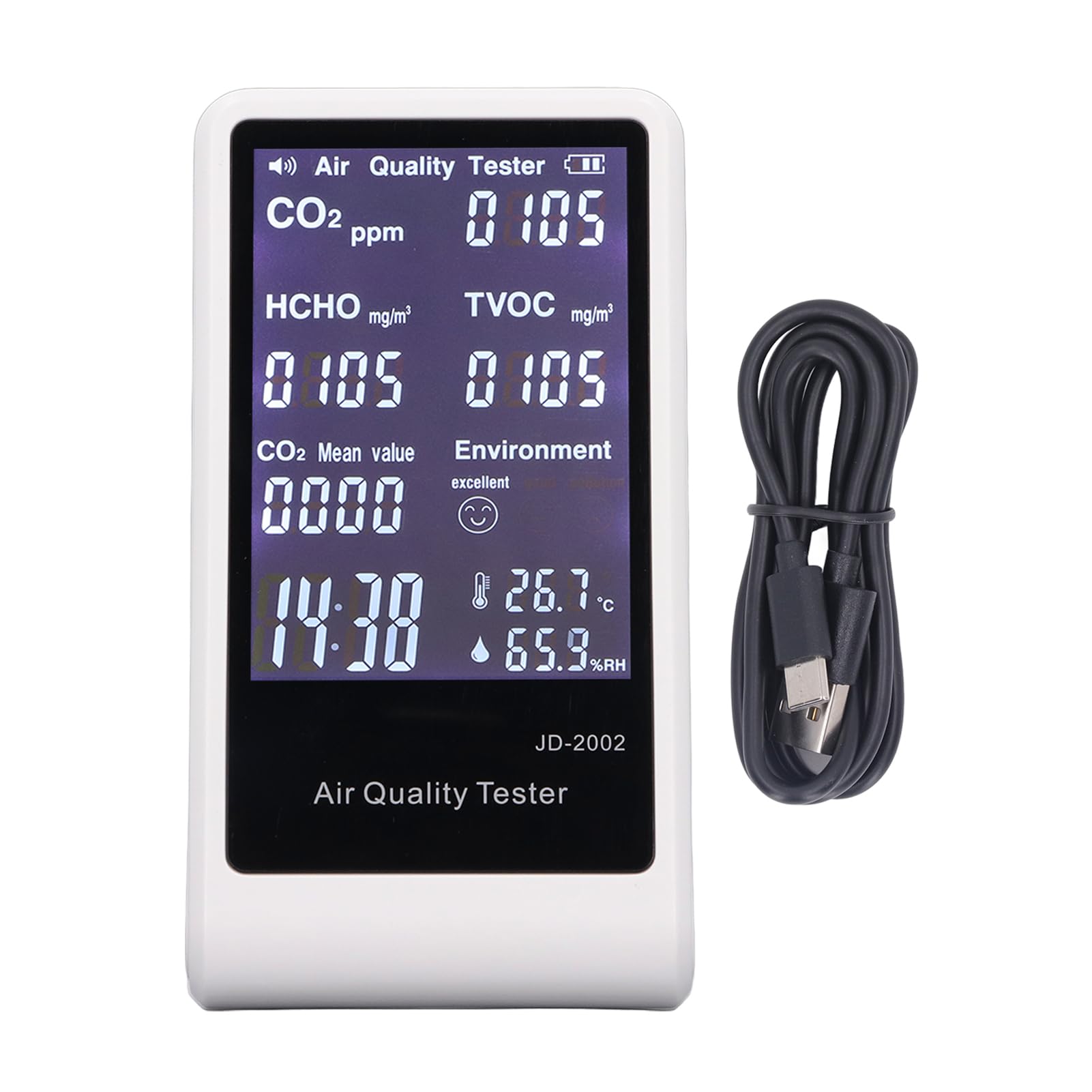 Eujgoov Medidor de CO2 Detector de Calidad del Aire Detector de CO2 7 en 1 Prueba en Tiempo Real con TVOC HCHO Alarma de Temperatura y Humedad de 400 a 2000 Ppm para Uso en Interiores y Oficinas en
