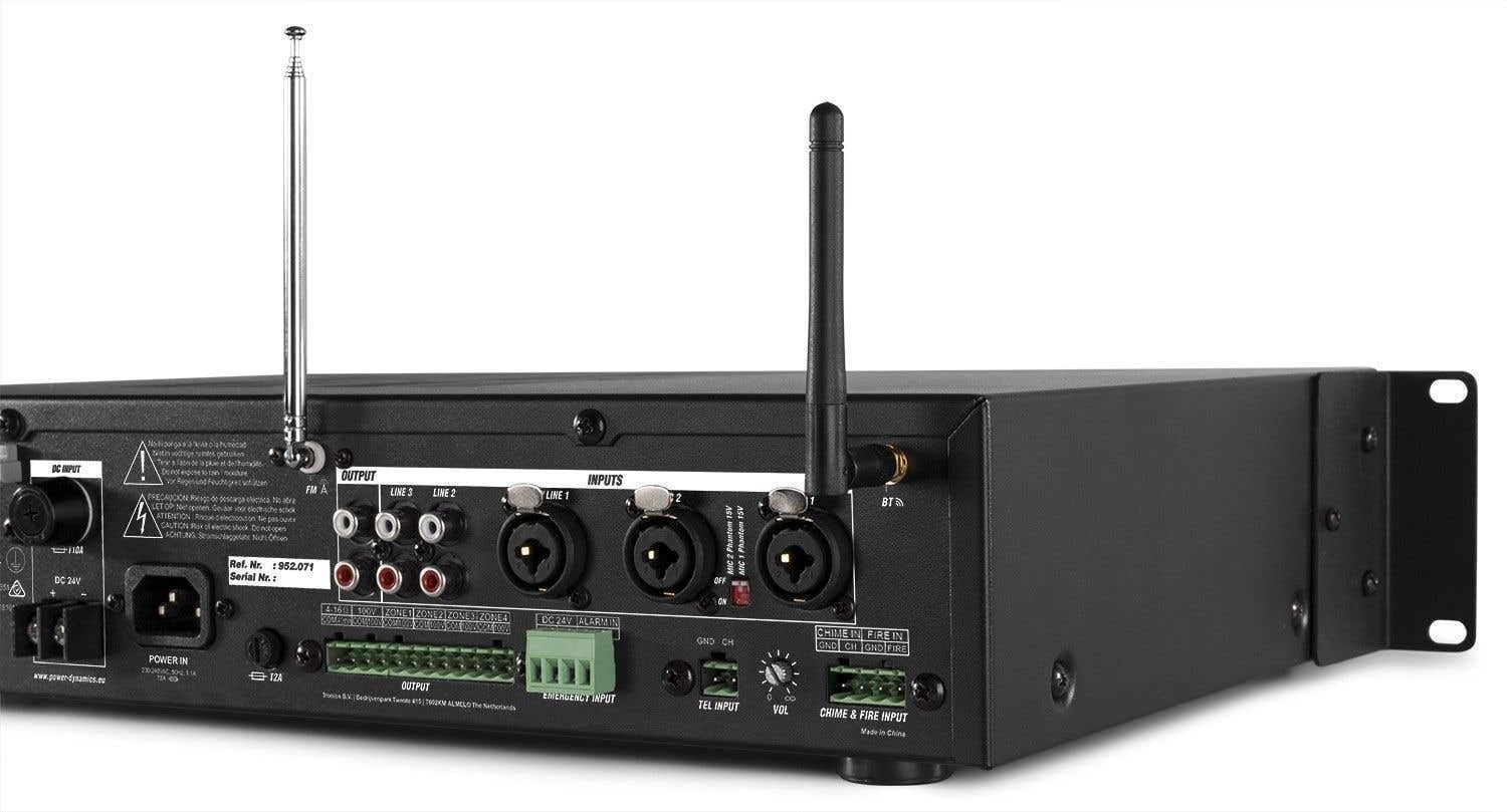 Power Dynamics PDV240 - Amplificador Mezclador 4 Zonas 240W con Reproductor USB SD Radio FM Bluetooth Mic 3X entradas Alarma Fuego 100V 8 Ohm Rack 19” Ecualizador Emergencia