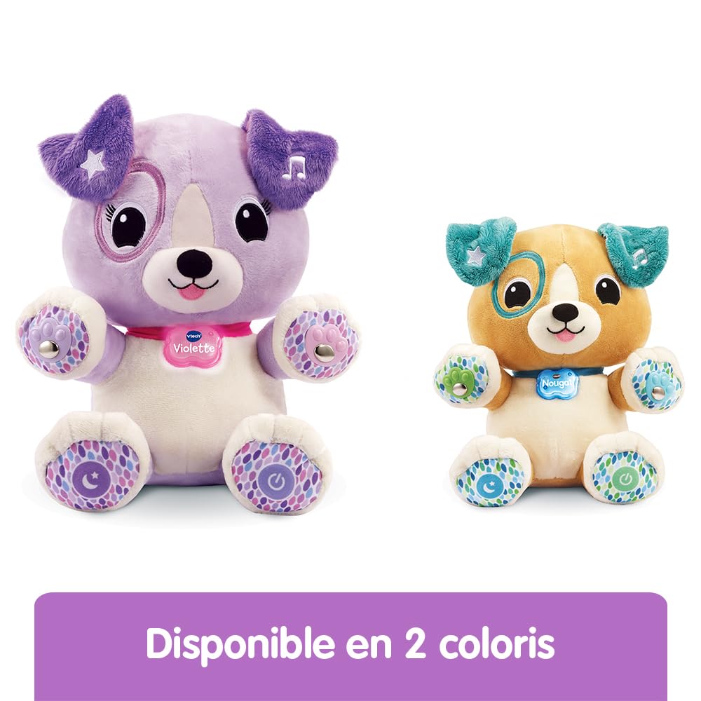 VTech - Violette, Mon Amie Pattes Magiques, Peluche Bébé Sensorielle et Musicale, Chien Interactif, Doudou Personnalisé avec Prénom, Cadeau Enfant Dès 1 an - Contenu en Français