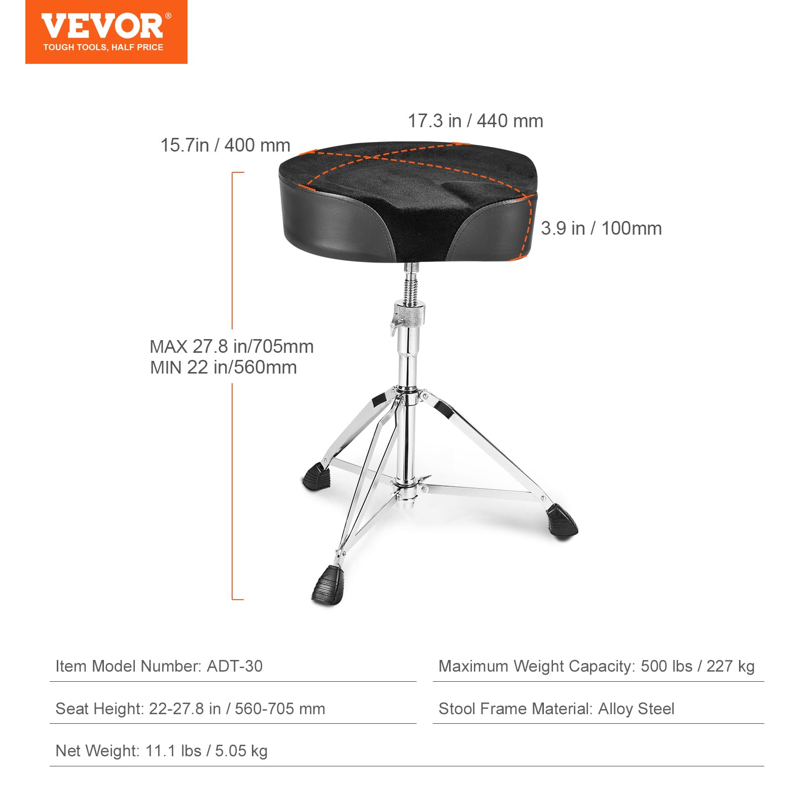 VEVOR Sgabello per Batteria, Sgabello per Batteria Imbottito da 560-705 mm, Altezza Regolabile a Forma di Sella con Piedini Antiscivolo, Bacchette da 5A Portata 227 kg Sedile per Batteristi