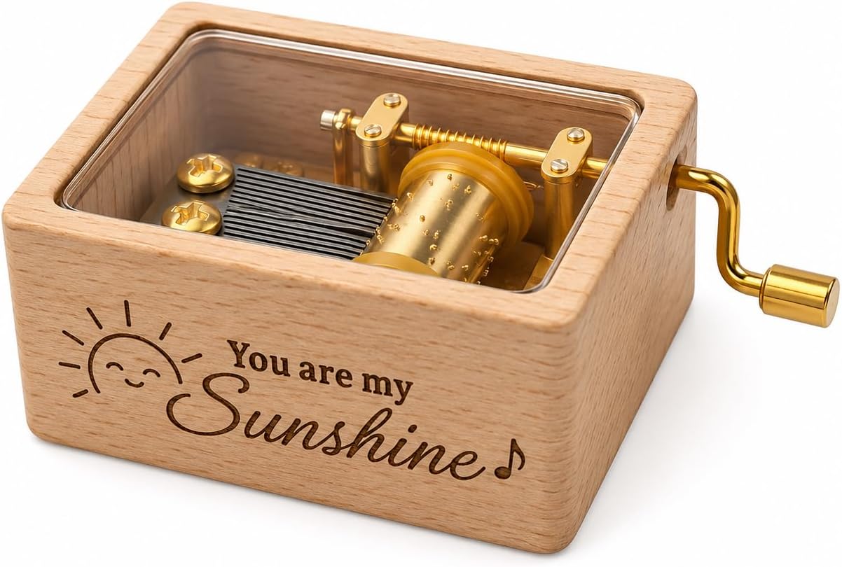 You are My Sunshine Hand Crank Music Box with Golden Movement (Wood Color, You are My Sunshine)