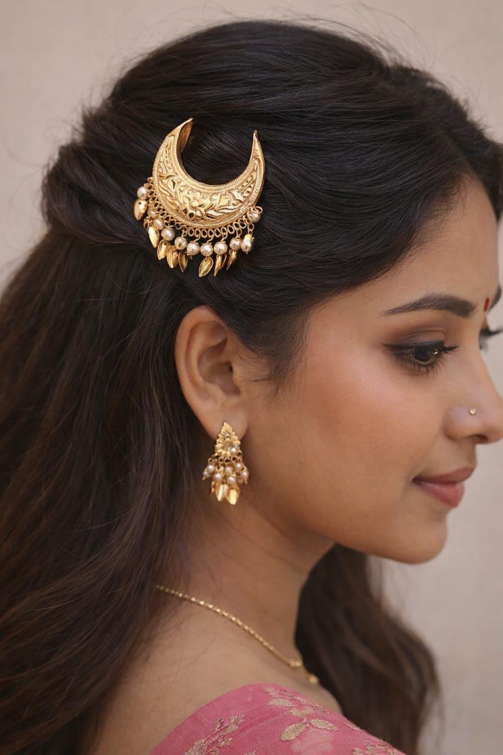 Traditional Gold Tone Crescent moon Hair Pin with Pearl Drops, Metal, Paisley Shape, Ethnic Bridal Wedding Accessory for Women-image-43
