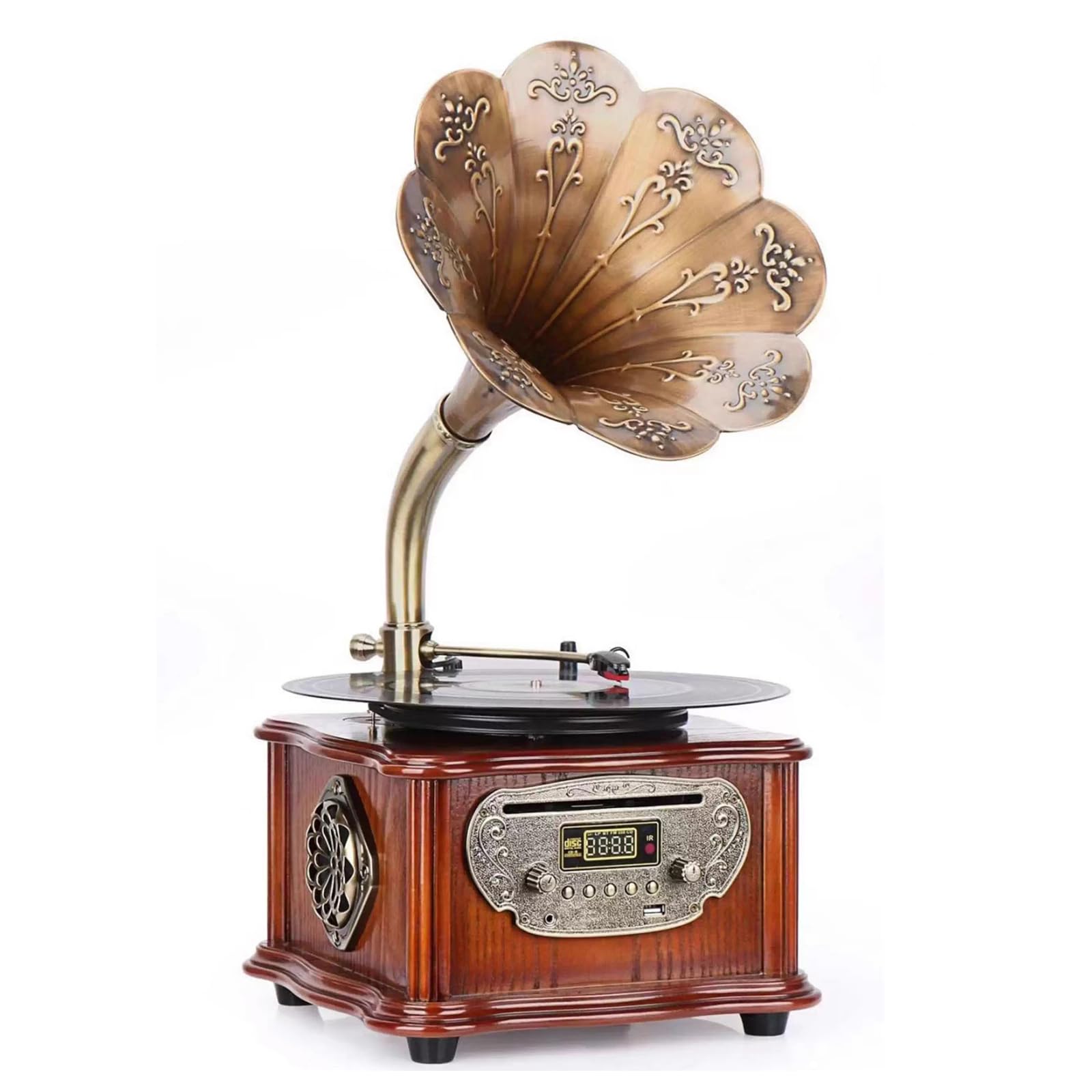 Gramófono con fonógrafo vintage, reproductor de CD de vinilo retro, reproductor de discos de 7, 9 y 12 pulgadas con radio estéreo FM y reproducción USB para decoración del hogar y entretenimiento