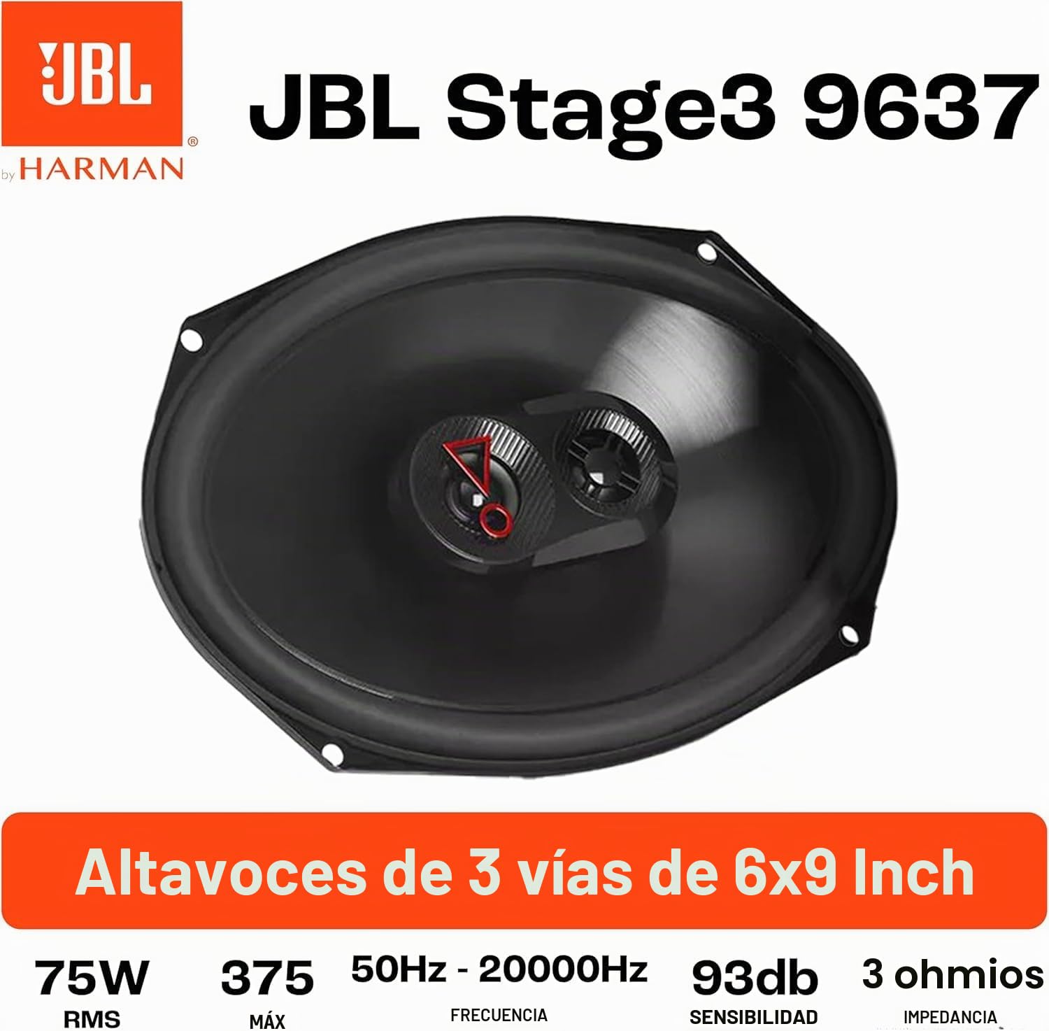 JBL Stage3 9637 Juego de altavoces para coche de 3 vías de Harman Kardon - Altavoces para coche de 375 vatios - Caja ovalada JBL grande 152 mm x 230 mm (6" x 9"), negro