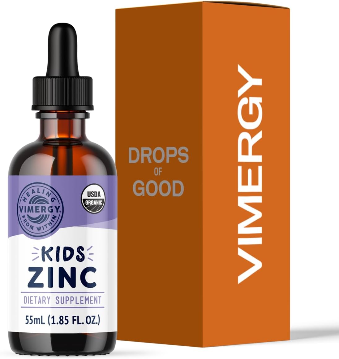 VIMERGY Kids USDA Organic Liquid Zinc Sulfate – for Children & Adolescence 1-18 Years Old, Fast-Absorbing Immune Support* – Promotes Healthy Bones, Hair & Skin. Kosher, Vegan, Non-GMO – 55 mL