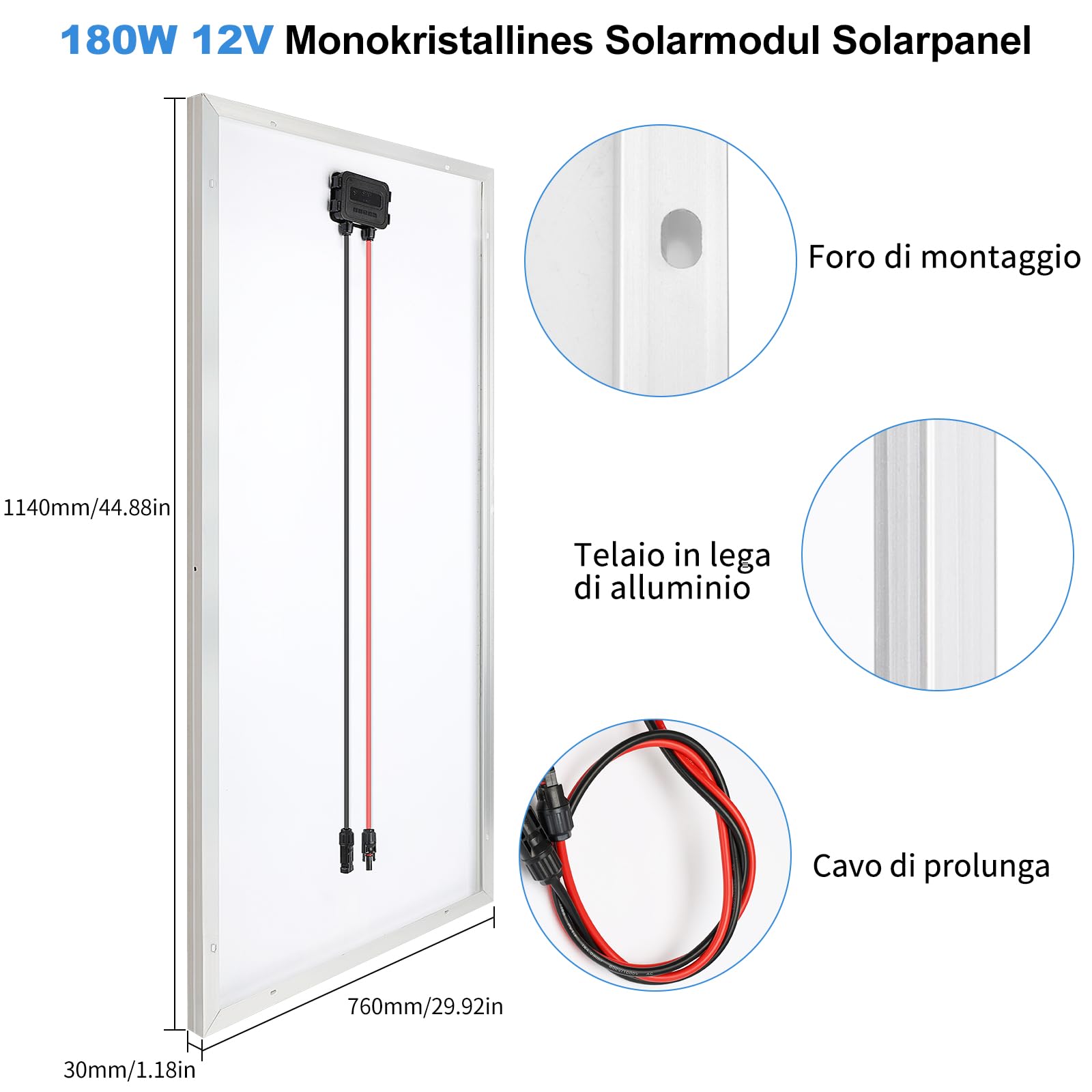 Pannello solare da 180 W, 12 V, pannello solare monocristallino, kit di cella solare: pannello solare da 180 Watt, con regolatore di carica solare Bluetooth da 20 A, cavo solare da 5 m, staffe