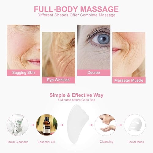 Vista 23 de airogym Herramienta de masaje Guasha, tabla de piedra natural Gua Sha, 4 piezas de piedra Guasha Scraping juegos de masaje para SPA acupuntura