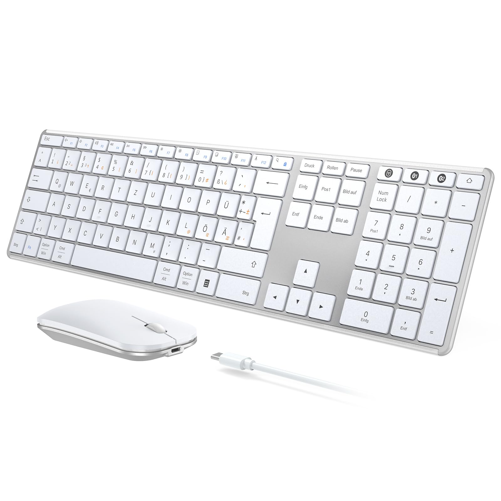 seenda SKM64-3 Bluetooth Tastatur mit Maus, Tastatur Maus Set Kabellos für Windows/Mac/iPad/Android | Ultradünne Tastatur + Leise Funkmaus | 3 Geräte Verbindung, QWERTZ Layout (Weiß)