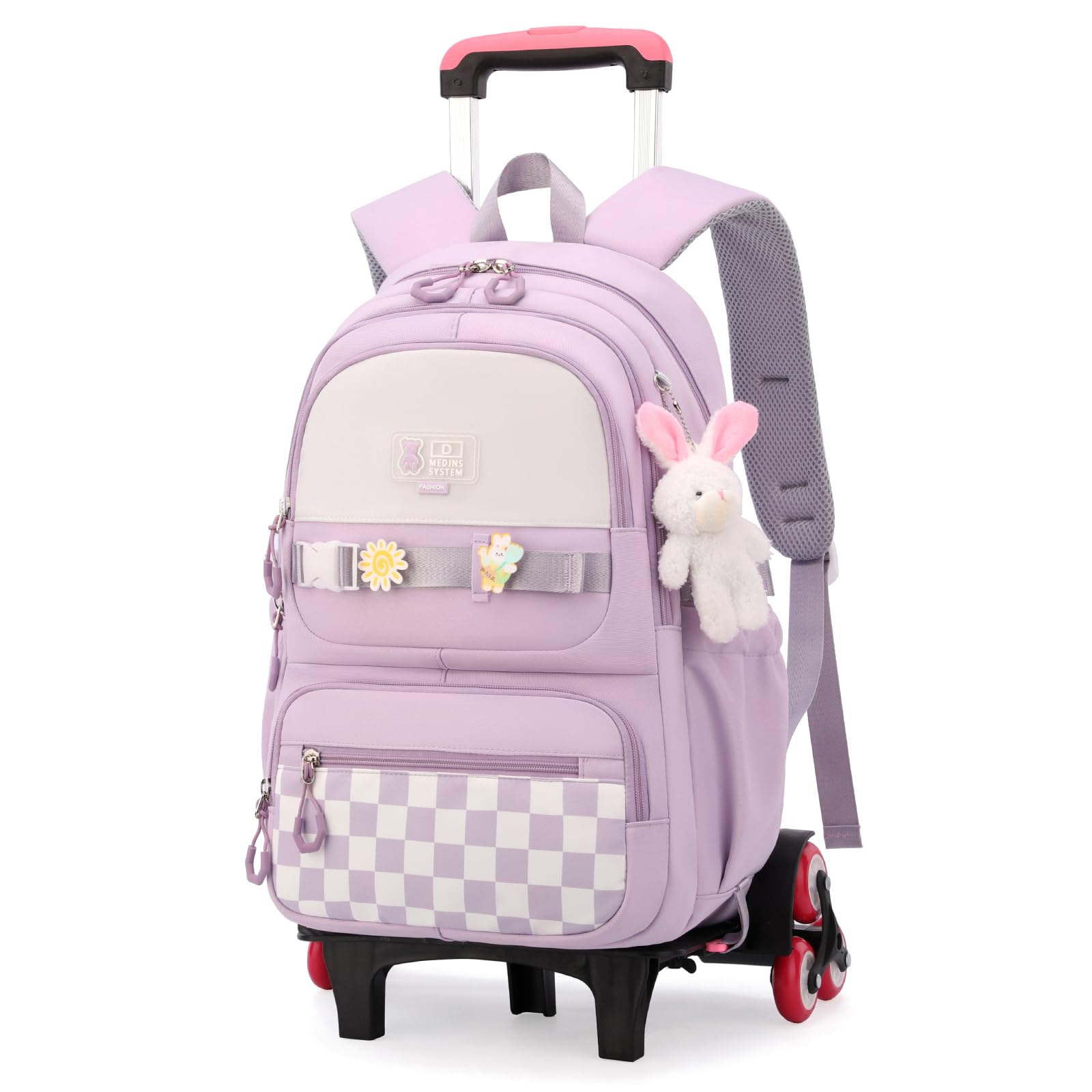 Amythe Mochila Escolar con 6 Ruedas para Niñas con Colgante, Morado | Mochilas con Carro para Chicas de Primaria y Secundaria, Mochila Colegio con Ruedas para Adolescentes, Vuelta al cole