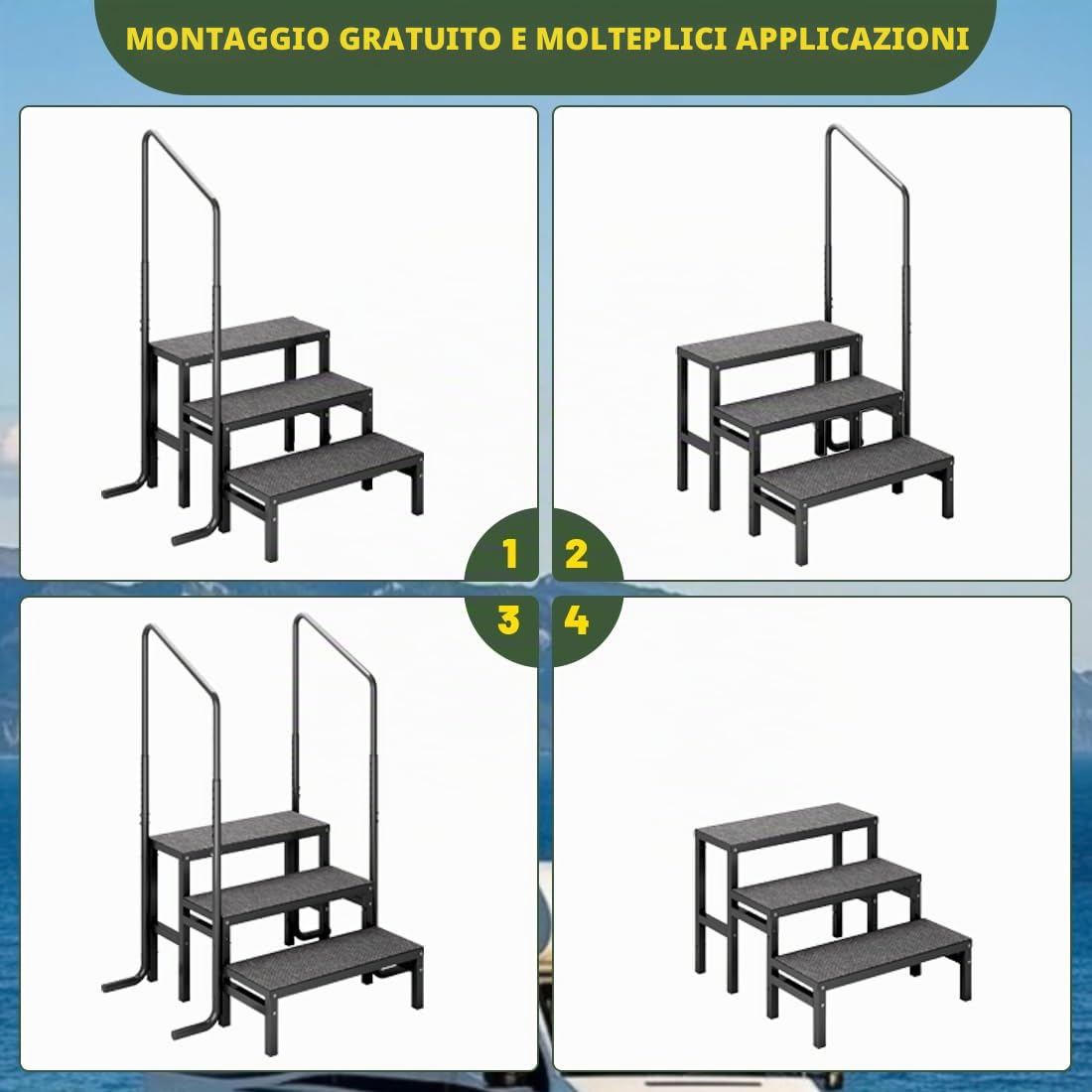 Scala per camper a 3 gradini, antiscivolo, per vasca idromassaggio con 2 corrimano, 3 gradini per roulotte, campeggio, camper, scala portatile per rimorchio da viaggio (3 gradini aggiornato)