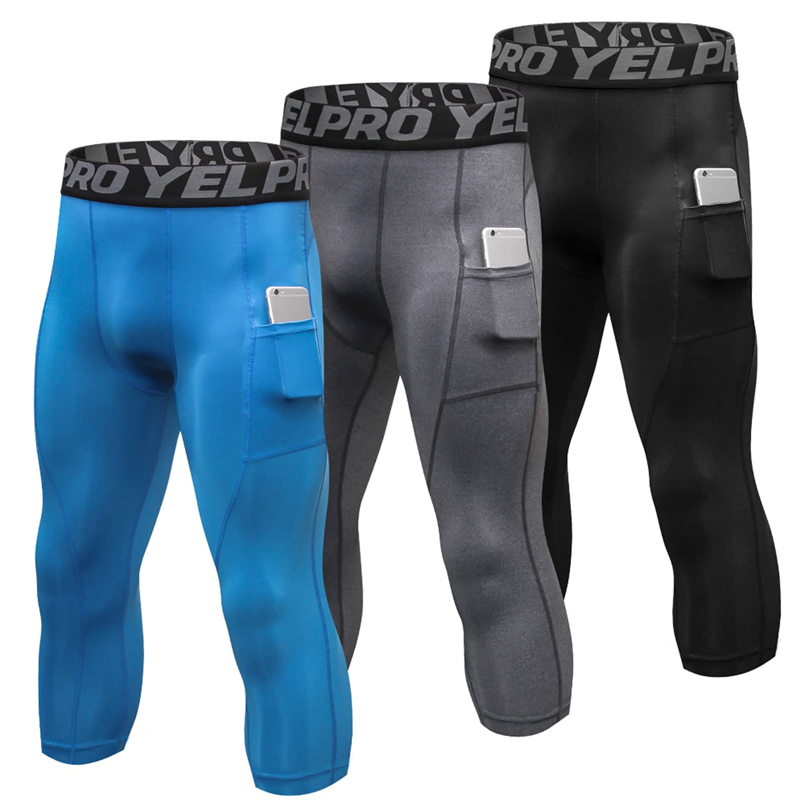 homgeel 3 Packs Men High Waist Yoga Pants Quick Dry Sports Pants Fitness Leggings Workout Pants with Pocket-picture-29