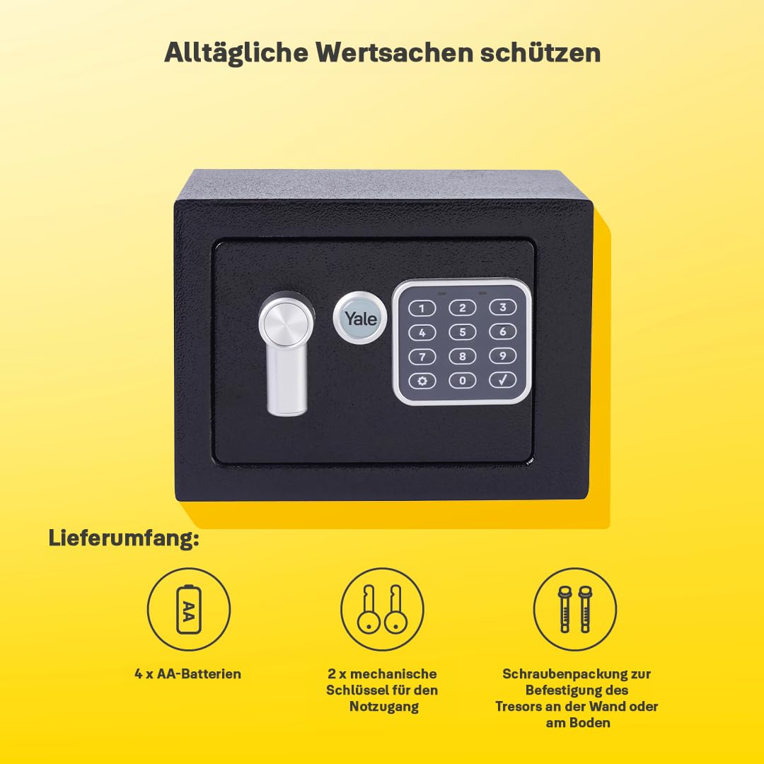 Yale Electronic Safe Mini - Schwarz - YSV/170/DB2 - Standard - Elektronischer Tresor - 3,8 L - 170 x 230 x 170 mm - Tastatur & Schlüssel