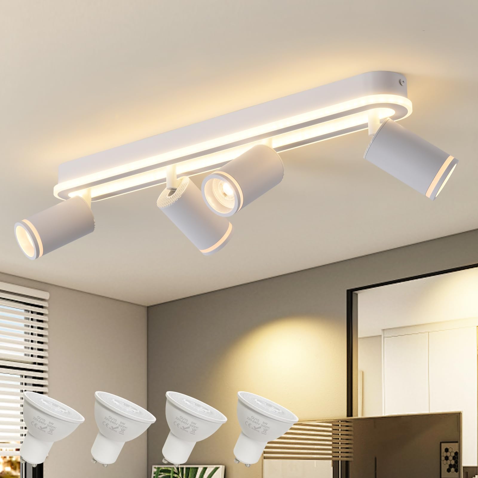 SANSHI Faretti da Soffitto Orientabili Interno LED 4 Luce,Faretti da Parete con Inferiore 36W+4x5W,GU10 Lampadario Faretti,Moderna Plafoniera Faretti Bianco Caldo 3000K per Cameretta Cucina,Bianco