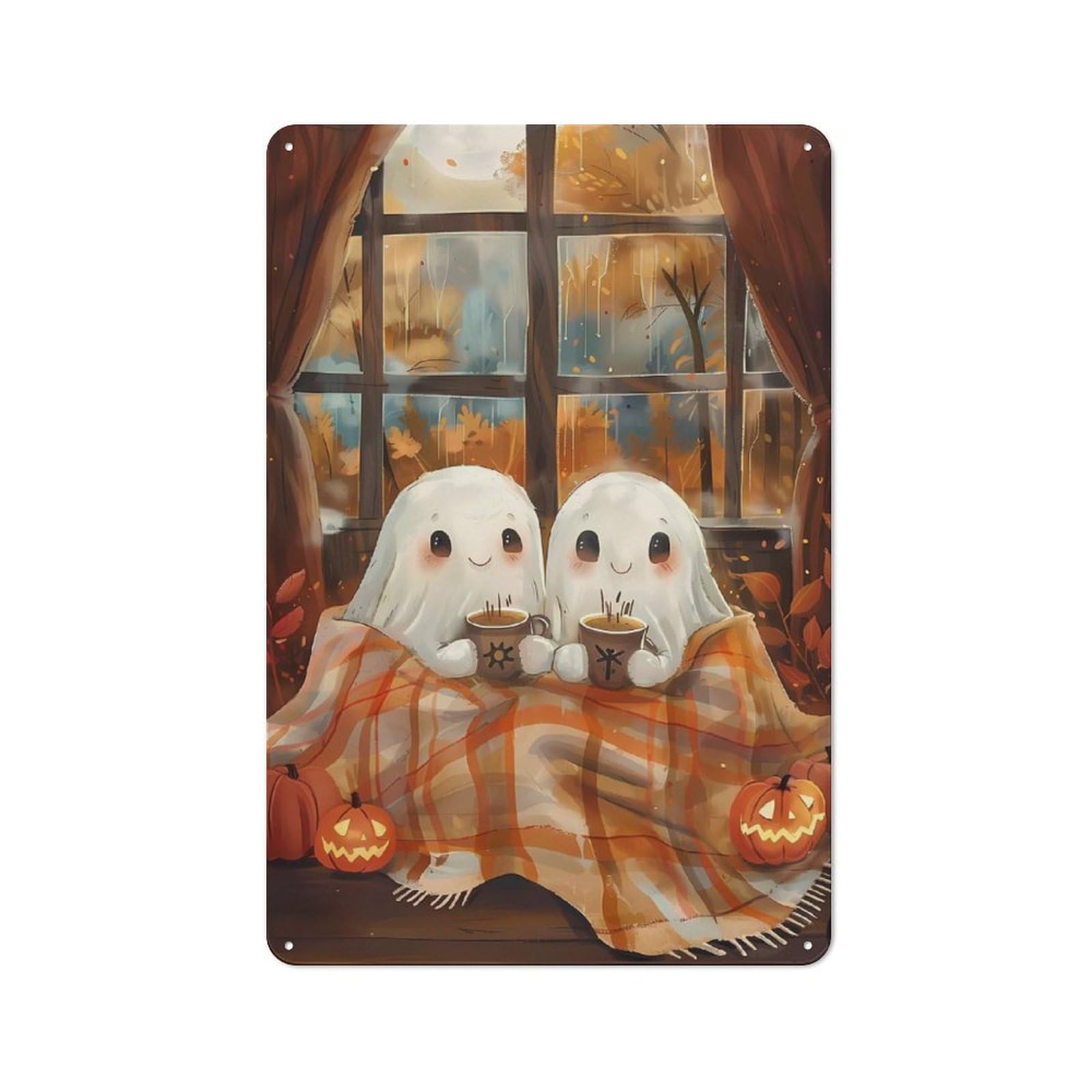 Junmoney Ghost Couple Cozy Autumn Printed Metal Sign 30X20cm For Café Or Restaurant, For Hospitality Interior Collectors