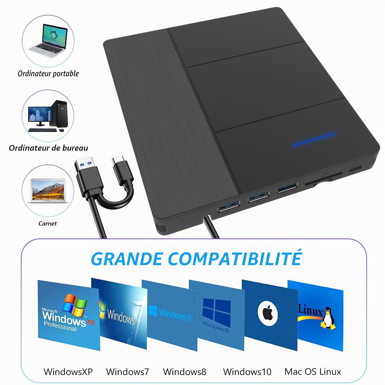 7 en1 Lecteur Blu-Ray Externe - Lecteur Graveur Blu Ray avec USB 3.0 Type-C, DVD/BD Portable Externe Lecteur Blu Ray Externe, Graveur Optical Bluray Drive pour PC Windows 1110 8 7 XP