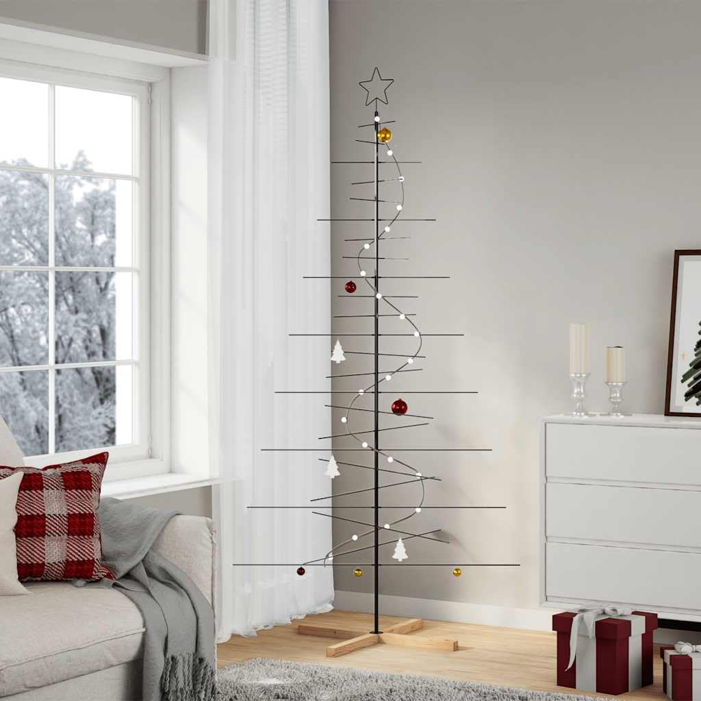 Sapin de Noël artificiel moderne en métal noir de 210 cm de haut avec support en bois solide pour décoration d'intérieur et d'extérieur
