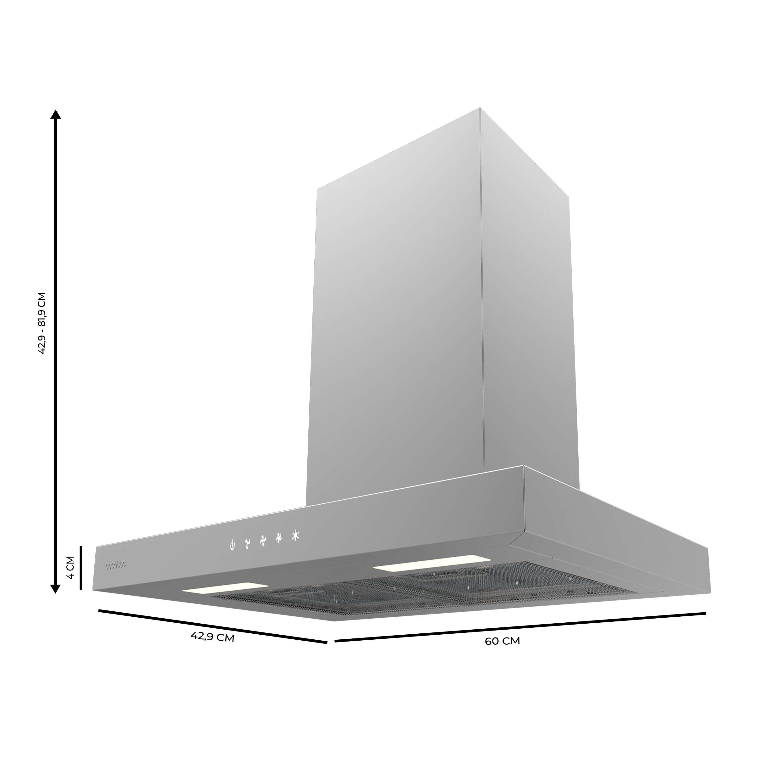 Cecotec Cappa aspirante 60 cm Tipo T Bolero Flux TT 604000 Inox A++. Aspirazione 393m3/h, motore DC, 3 velocità, SS Touch Control, finitura inossidabile, luce LED, filtri in alluminio e carbonio