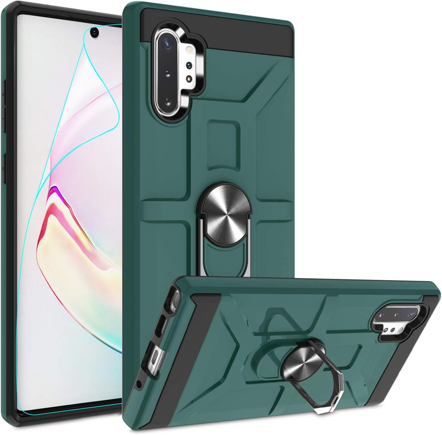 Galaxy Note 10 Plus Case with HD Screen Protector, Atump 360°Rotation Ring Holder Kickstand [ Magnetic Car Mount] PC+ TPU Phone Case for Samsung Note 10 Plus 5G 2019 Release, Midnight Green