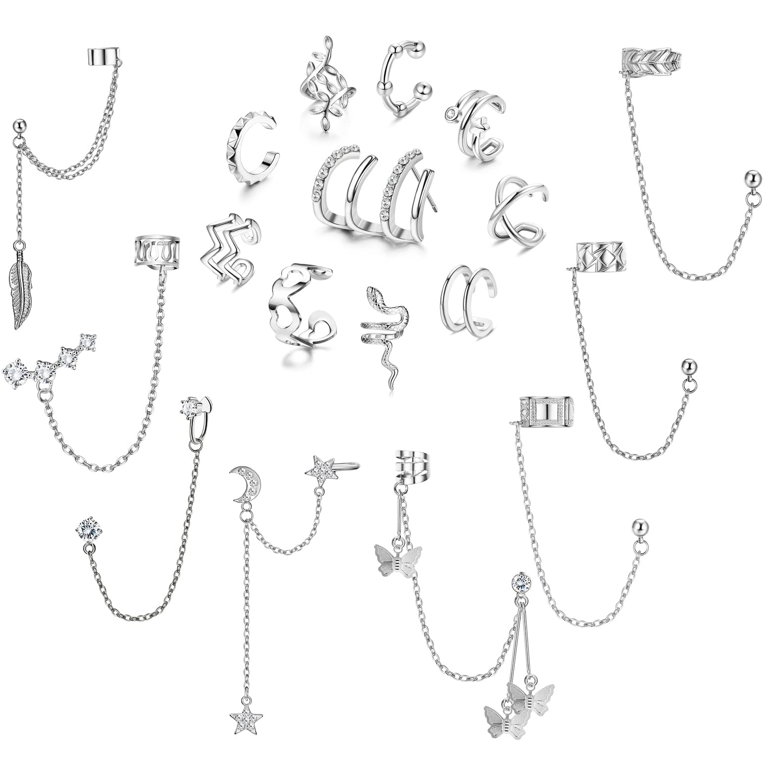 Diamday 18Pcs Ear Cuff Pendientes Cadena para Mujer Manguito Oreja Pendientes Cadena con Clip Ajustable Cartílago Hélice Pendiente Clip On Wrap Ear Cuff Pendientes No Perforado