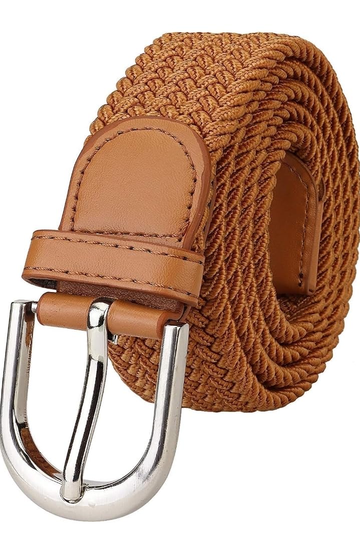 Elastic Woven Belt, Leather Trim, Silver Buckle, Brown, Hole-Free Design-image-1