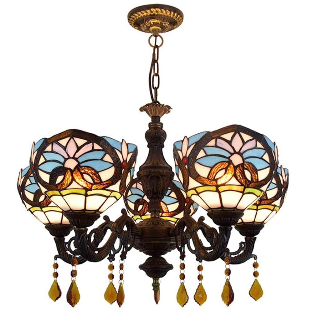 FYZDLAOR Vintage Baroque 5-Light Chandelier,Adjustable Pendant Light Light Fixtures,Tiffanystyle Stained Glass Hanging Light Wide 25 Inch with Crystal Pendant