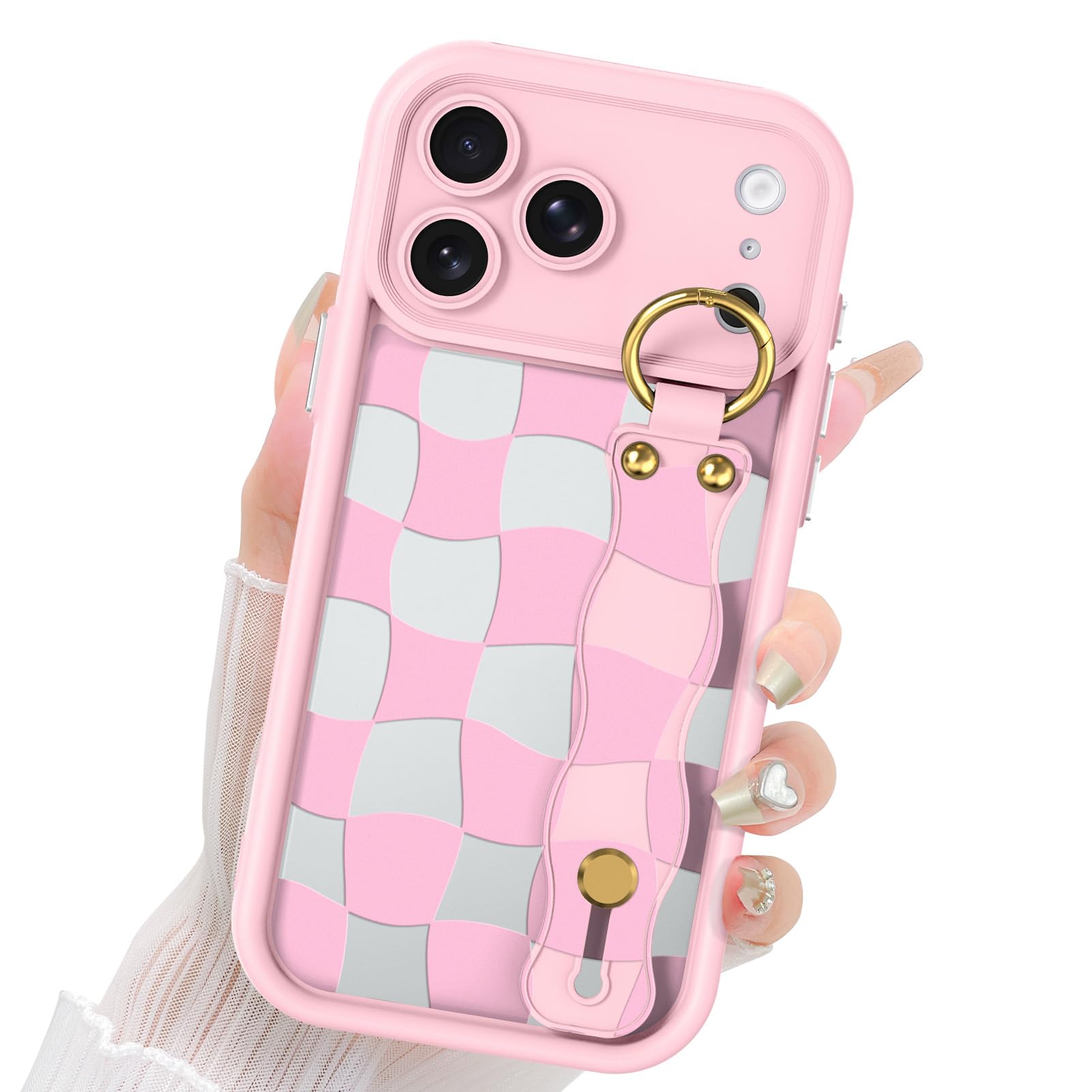 Fiyart Funda a cuadros para iPhone 17 Pro Max con correa de muñeca, soporte