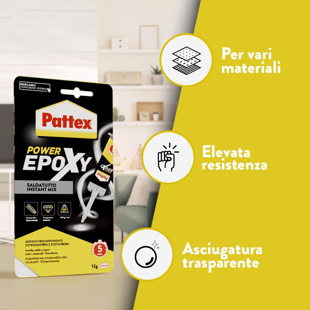Pattex Power Epoxy Saldatutto Mix 5 minuti, forte colla epossidica bicomponente a elevata tenuta finale, colla multiuso adatta per quasi ogni materiale,, 1x12g