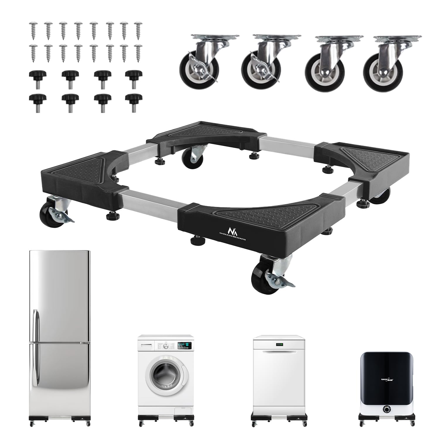 Soporte móvil universal Maclean MC-118B para lavadora secadora nevera con ruedas y bloqueo ajustable 500-700 mm base resistente antideslizante 200 kg