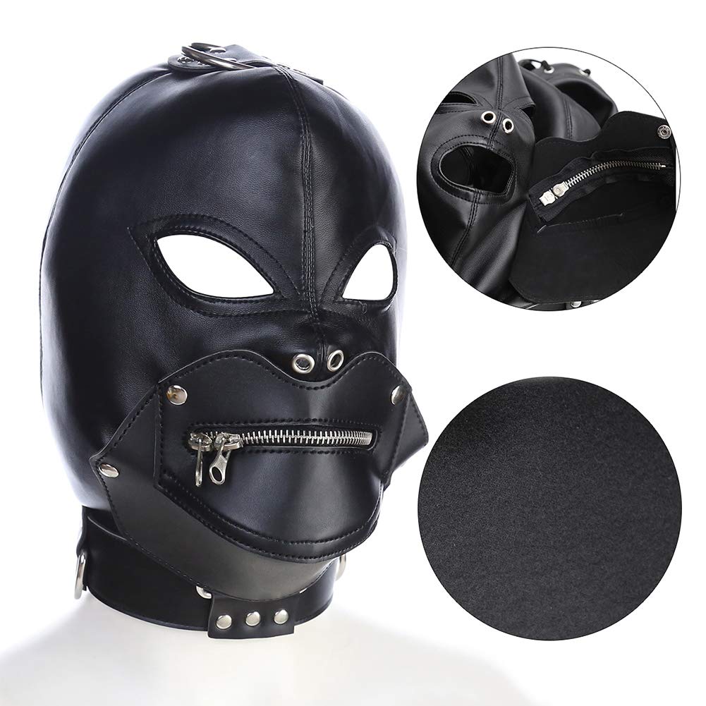 Roluck Máscara de Cuero con Cremallera y Cerradura Bondage SM Máscara de Cabeza para Hombres Mujeres Ajustable Fetiche Juguetes Sexuales, Aberturas Máscaras para Carnaval Halloween