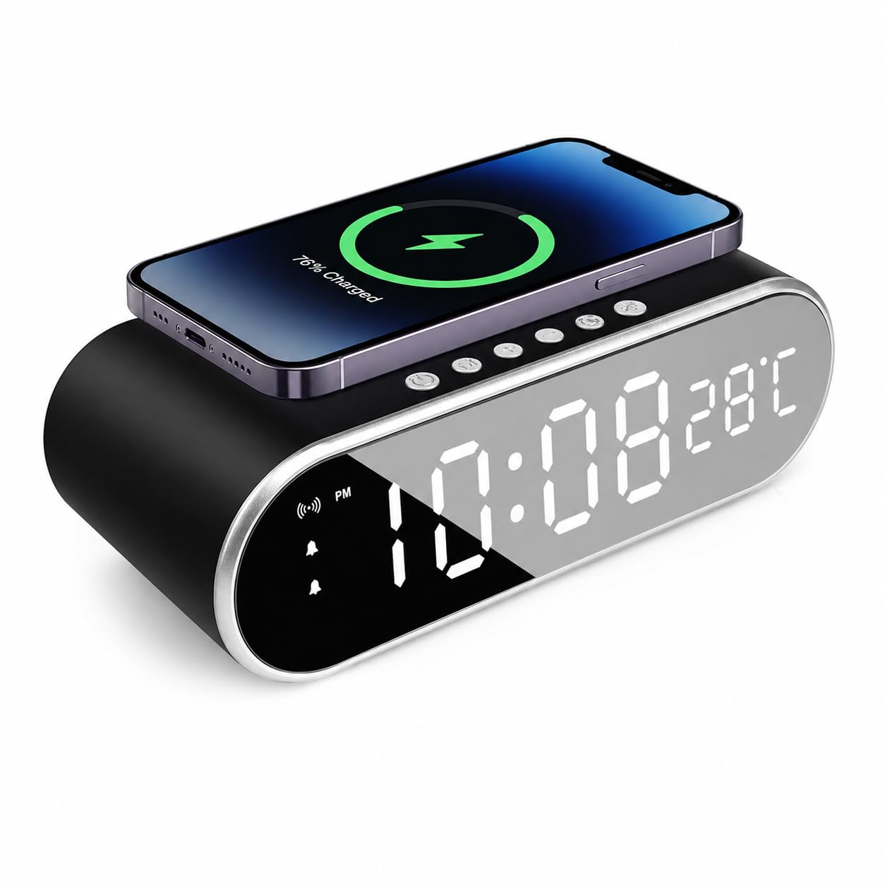 Sveglia per camere da letto con caricabatterie per telefono, piccolo orologio digitale da tavolo con visualizzazione della temperatura, sveglia con stazione di ricarica wireless, sveglia carina con