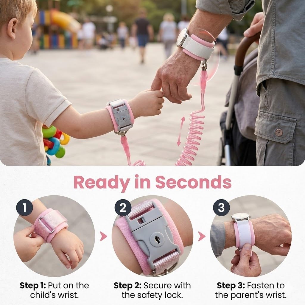98 inch Retractable Toddler Anti-Lost Wrist Link, Upgraded Safety Leash with Steel Wire, Breathable Padded Wristband for Kids, Child Harness for Walking, Shopping, Travel, Outdoor Activities-Pink — view 7