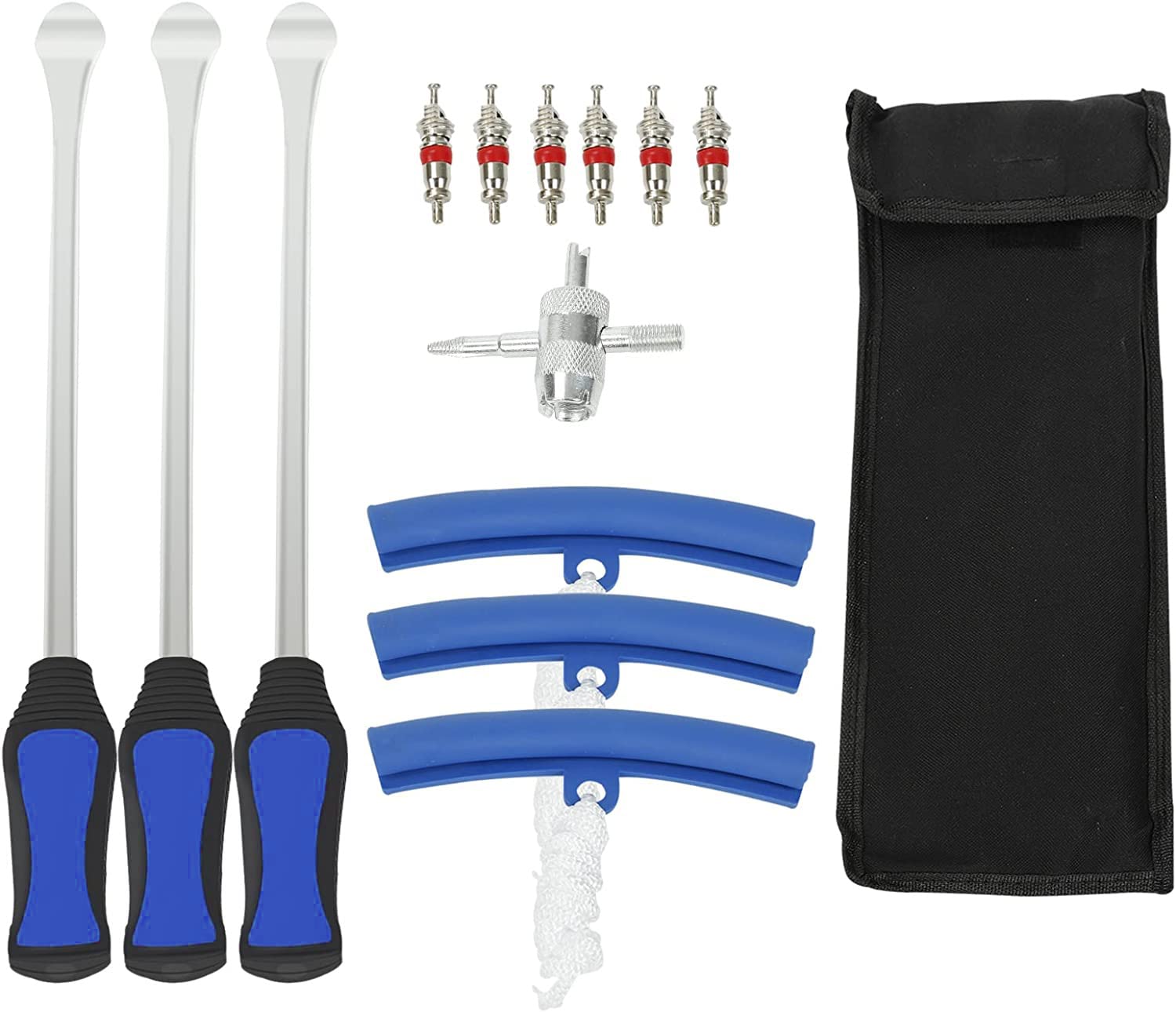 BLACKHORSE-RACING Tire Spoon Iron Lever, Changing Tools for Dirt Bike Lawn Mower Motorcycle with Durable Bag, 14.5 Inch, 3Pcs Tire Spoons, 3 Rim Protectors, 1 Valve Tool & 6 Valve Cores