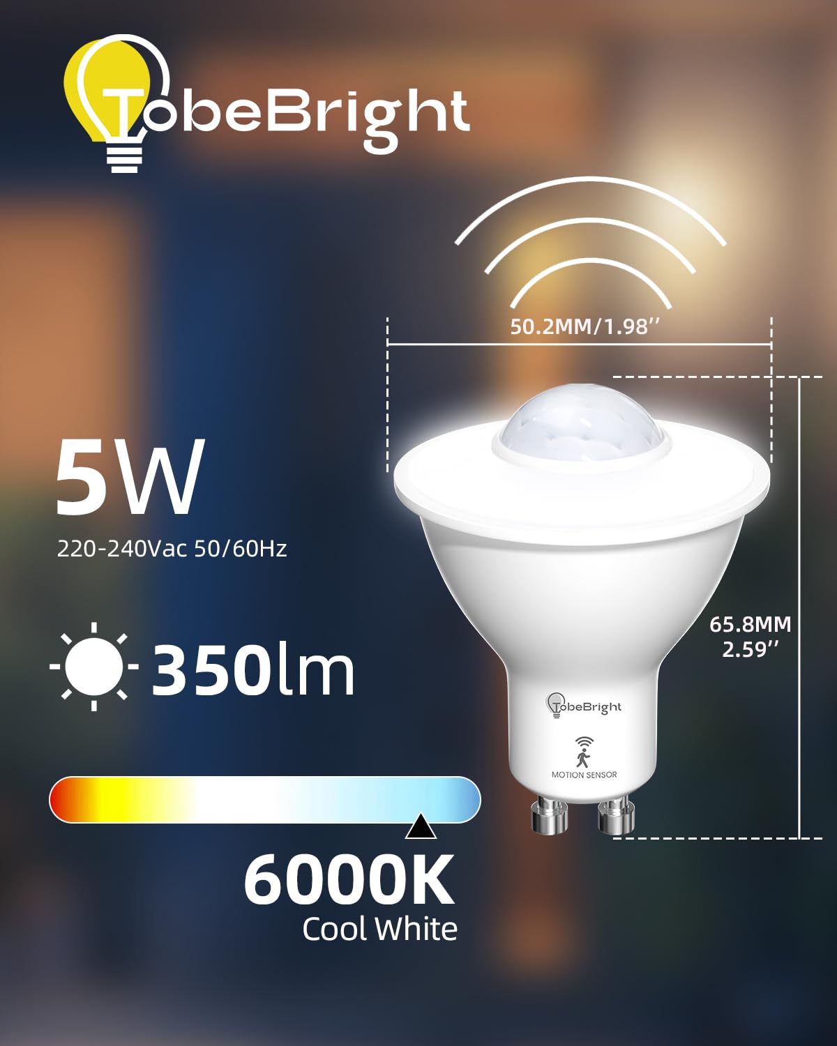 TobeBright LED Smart Motion Light Bulbs, GU10 PIR Light Sensor Bulb 5W, Cool White 6000K - Image 2
