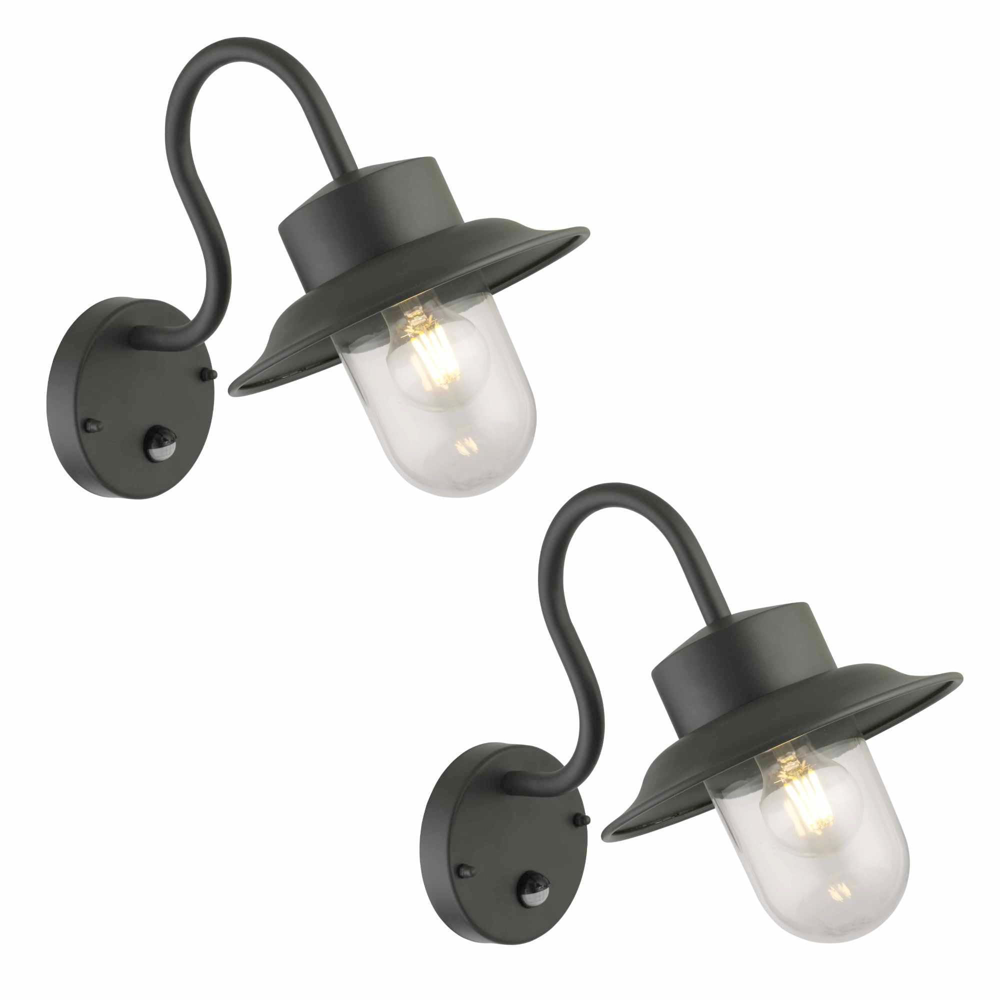 Firstchoicelighting Black & Clear Set Of 2 Black Outdoor Security Lights, Pir Motion Sensor Porch Lights, Ip44 Wall Light Led Compatible, Glass Shade