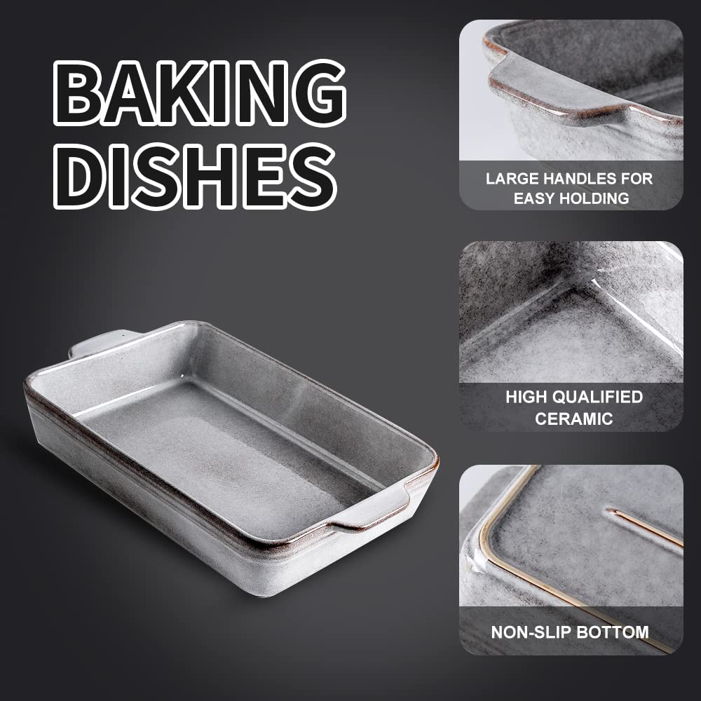 KOOV Bakeware Set, Keramik Backform Set, Rechteckige Auflaufform Set, Lasagnepfanne, Backformen Set zum Kochen, Kuchen Abendessen, Küche, 22,9 x 33 cm, Reaktive Glasur 3-teilig, Variabel Grau