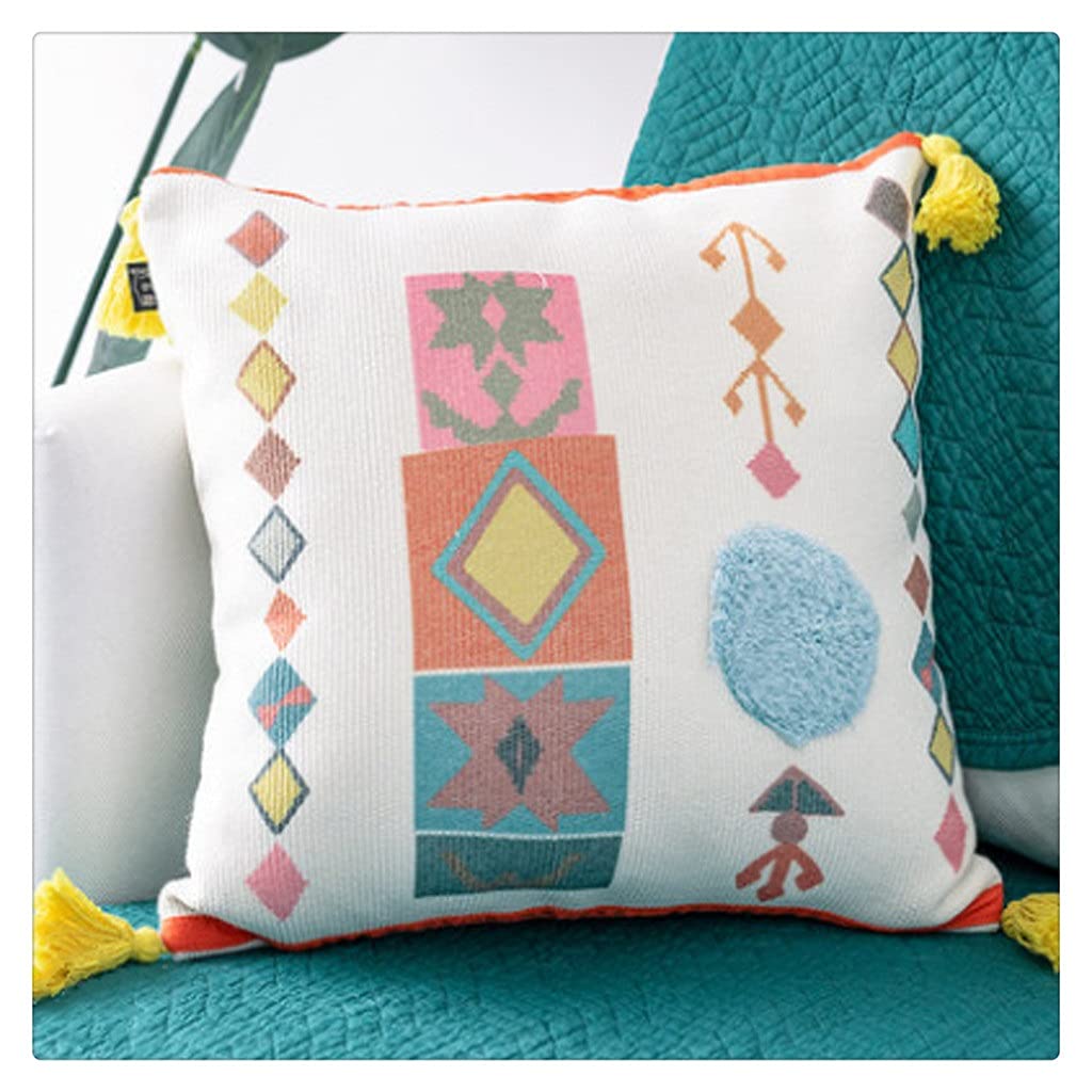 MFJGHU Northern Europe Linen Embroidery Pillow Cover Tassels Geometric Home Decor Cushion Pillowcase Sham(Style C)