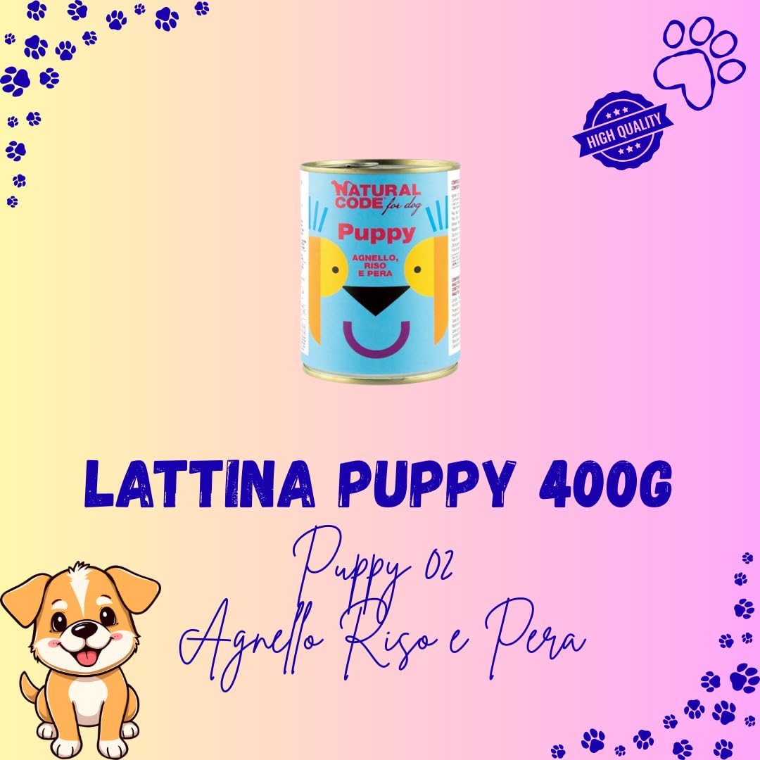 Natural Code - Alimento húmedo para Perros Puppy, alimento Completo para Perros Cachorros de Todas Las Tallas y Razas, N. Puppy 02 Cordero, Arroz y Pera, 6 latas de 400 g Cada una, 6 x 400 g