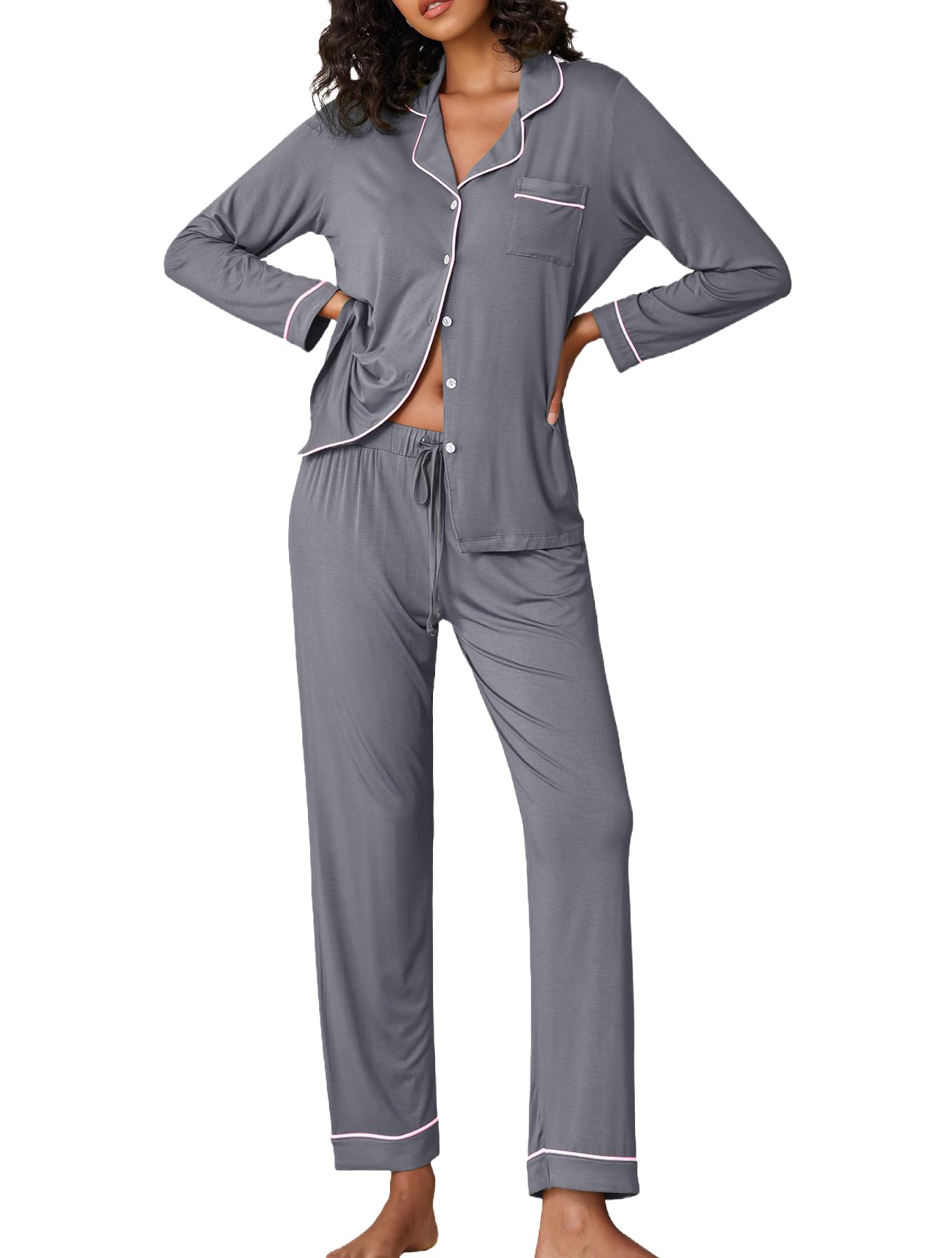 Ekouaer Pigiama Donna Maniche Lunghe Set Pigiama a Due Pezzi con Bottoni Abbigliamento da Notte Morbido Sleepwear Top e Pantaloni Pigiama XS-XXL