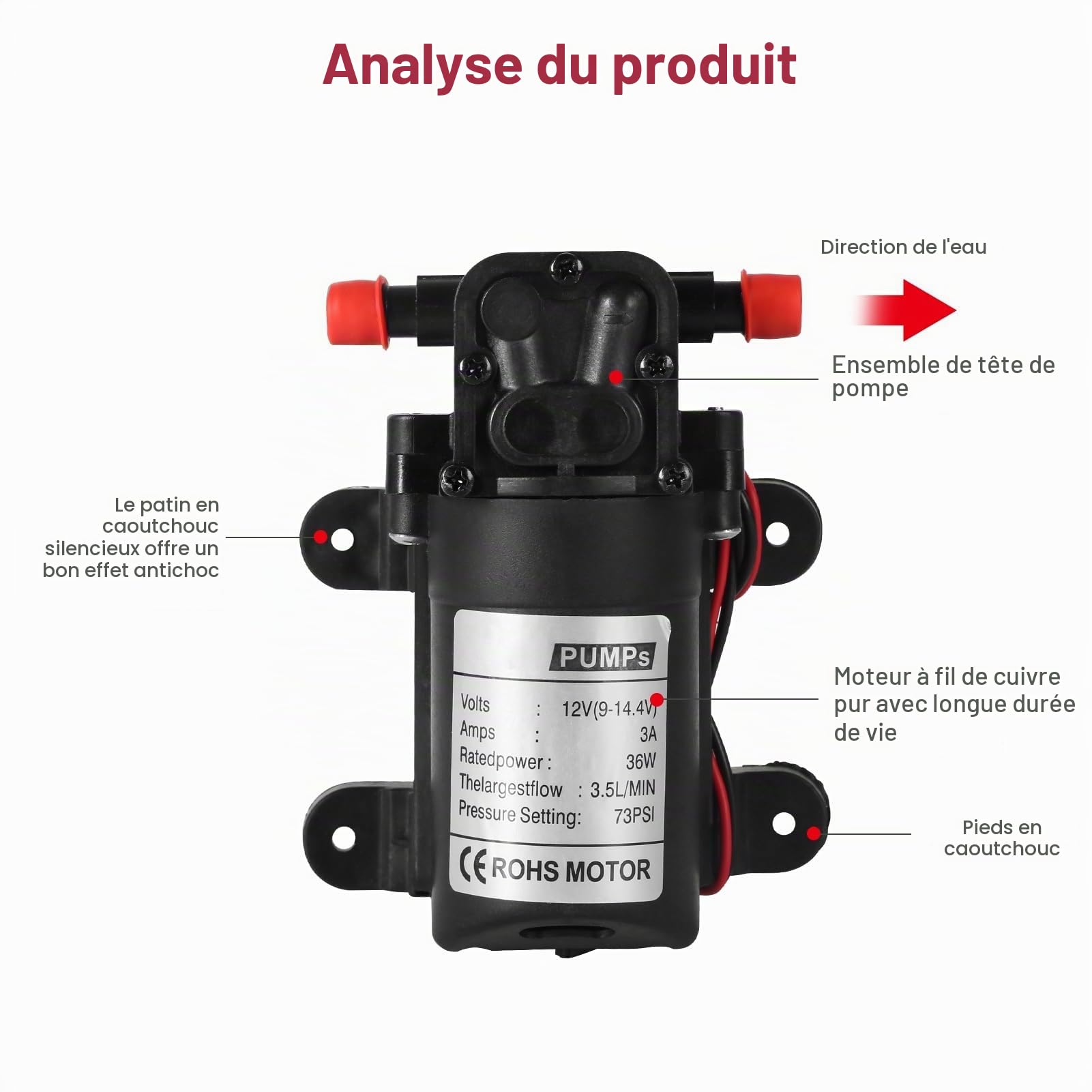 DEWIN Pompe à Eau, Micro Pompe à Diaphragme Agricole Électrique Pulvérisateur d'eau à Haute Pression Connecteur 10.3mm 12V 36W