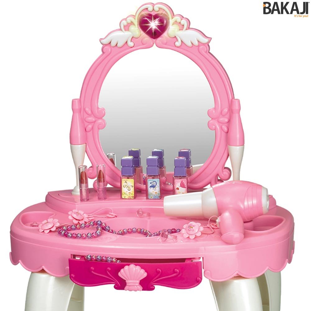 BAKAJI Specchiera da tavolo Make-Up Giocattolo per Bambini Toeletta Ballerina con Sgabello Luci Suoni Asciugacapelli Funzionante a Batteria e Accessori Gioco Dimensione 45 x 32 x 72 cm