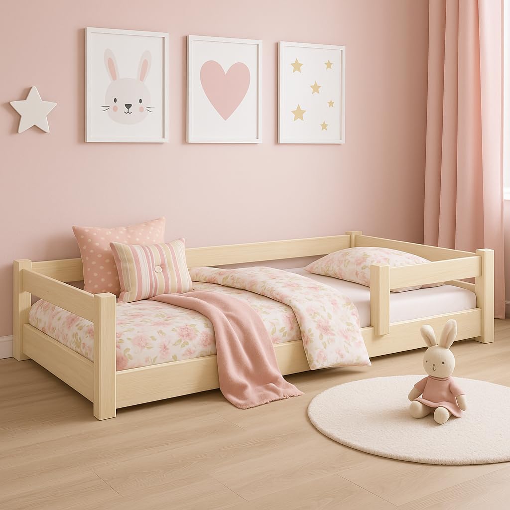 KOBI Lit d'enfant 120x60 cm, avec Tringle - Lit de Sol Nordi en Bois de pin Naturel