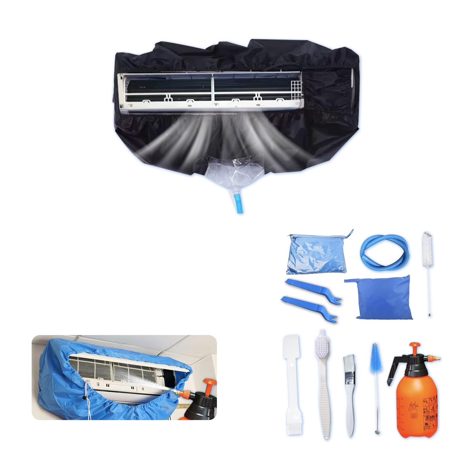 Kit de limpieza Kikepilm de 12 piezas para aire acondicionado split con botella de 2 l, kit de limpieza para aire acondicionado de pared(Negro, grande)