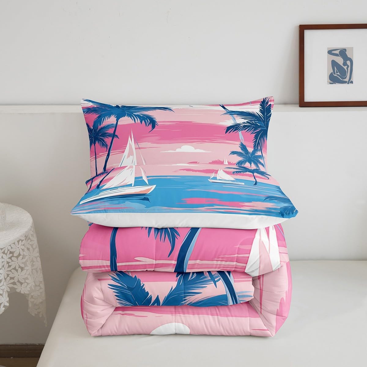 Erosebridal Nautical Sail Boat Twin Comforter Set for Kids Boys Girls Tropical Palm Tree Bedding Sets,Sea Ocean Theme Down Comforter Hawaii Beach Quilted Duvet Pink Blue Bedroom Decor,Breathable 2pcs