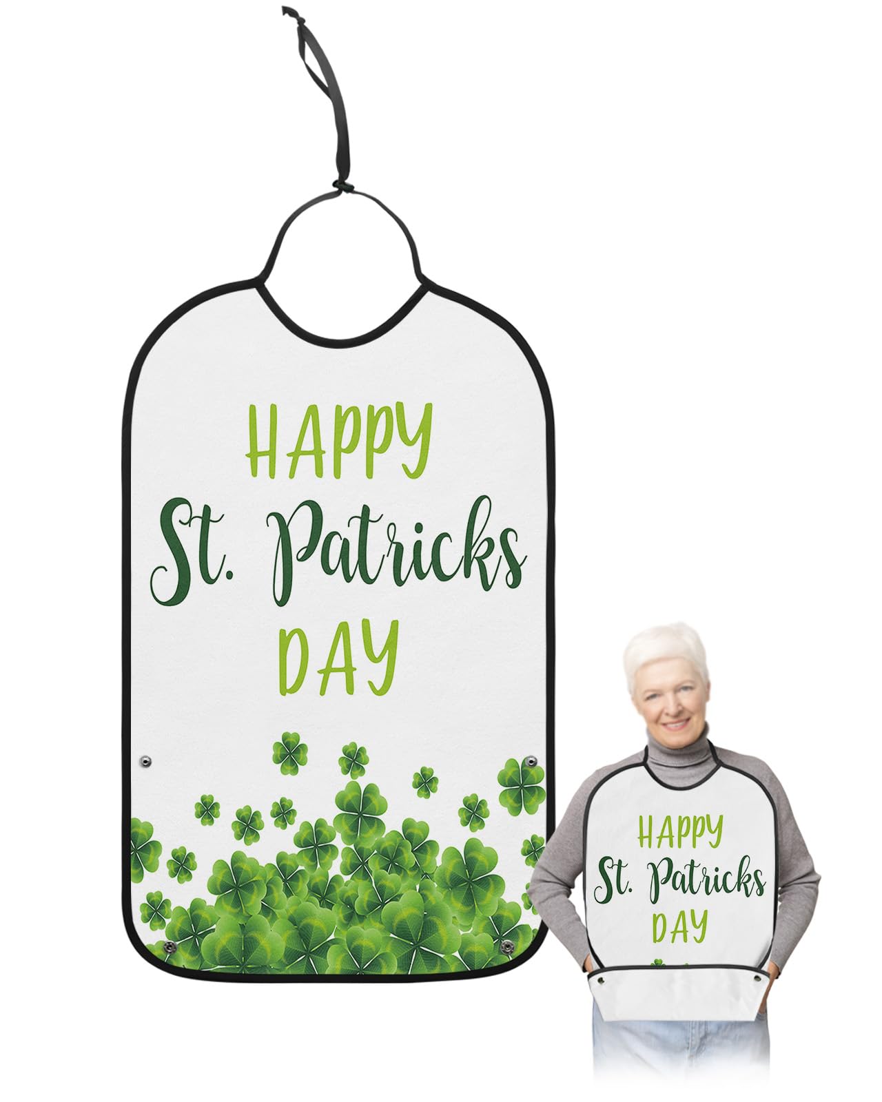 St. Patrick's Day Adult Bibs for Eating, Waterproof Bibs with Food Catcher & Adjustable Snap Closure, Green Lucky Clover Happy Saint Patrick's Day Clothing Protectors Adult Bibs for Elderly Women/Men