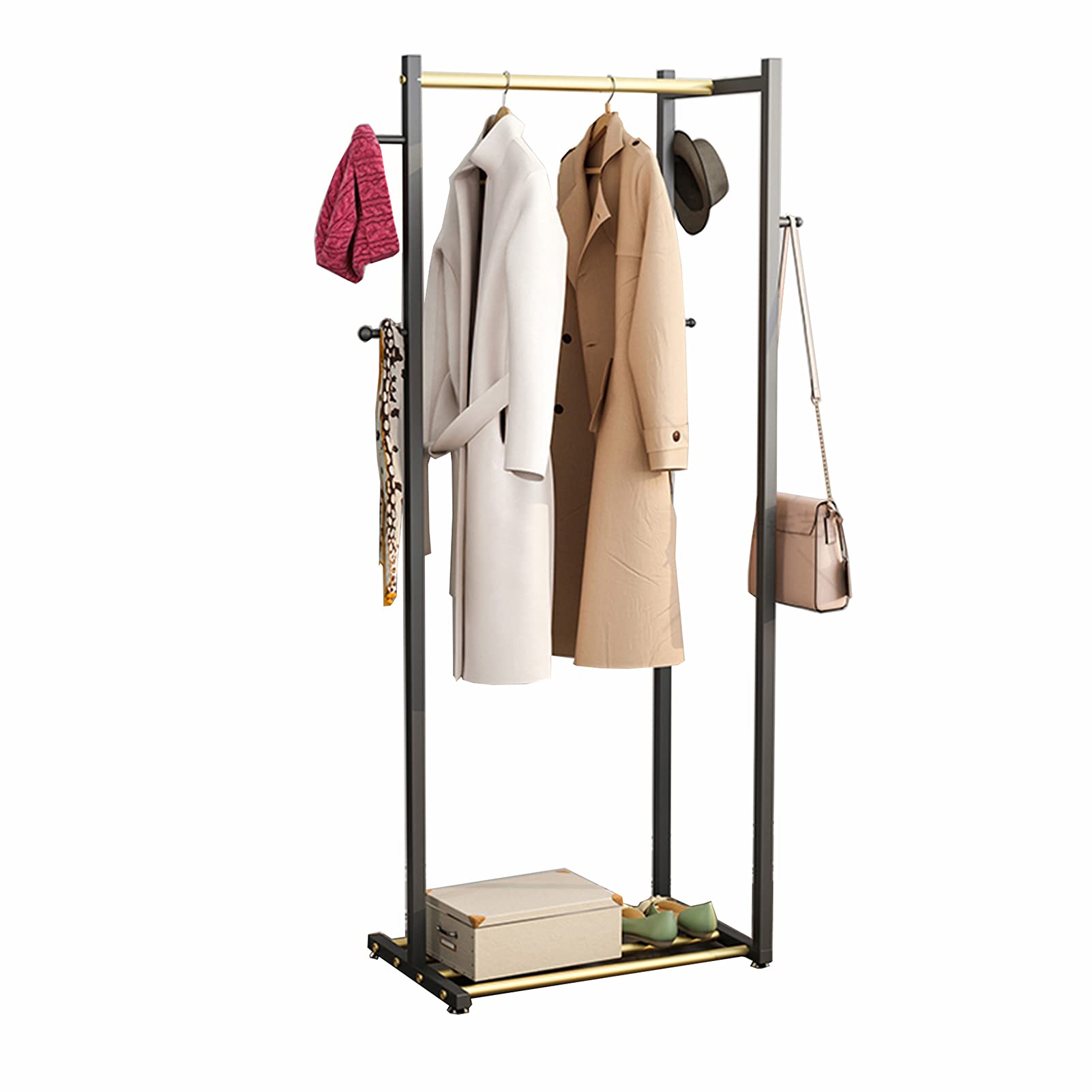 FGXHHS Freestanding Clothing Rack with Shelves & Hooks - Metal Coat Hanger Garment Display Stand for Bedroom, Retail, Drying 80x36x156cm, Gold Black