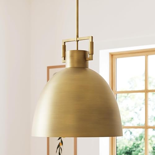 Nathan James Leigh Pendant Lighting, Hanging Ceiling Light with Oversized Metal Shade and Adjustable Cord, for Kitchen Island or Entryway, Antiqued Brass, Set of 2