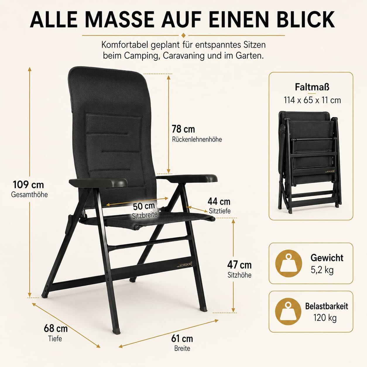 Aurum Campingstuhl Hochlehner – 7-Fach Verstellbarer Aluminium-Klappstuhl mit atmungsaktiv gepolstertem 3D-Bezug, 50 cm Sitzbreite, bis 120 kg – für Camping, Caravan und Garten